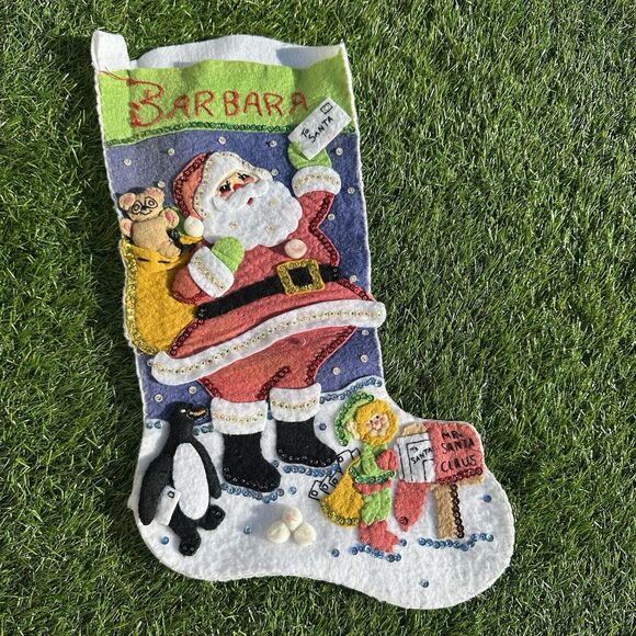 Vintage Finished Christmas Stocking‎ Felt Hand Stitched Sequins Santa Penguin - Picture 1 of 9